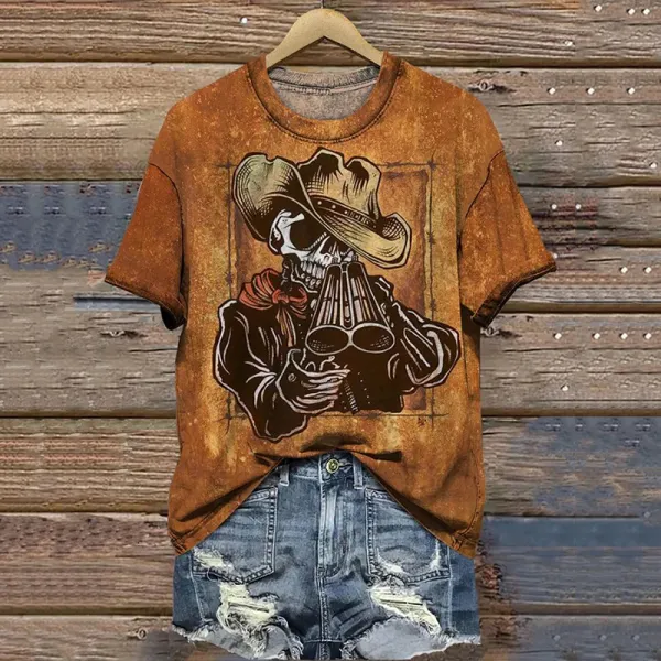 Women's Denim Skull Vintage Print T-Shirt