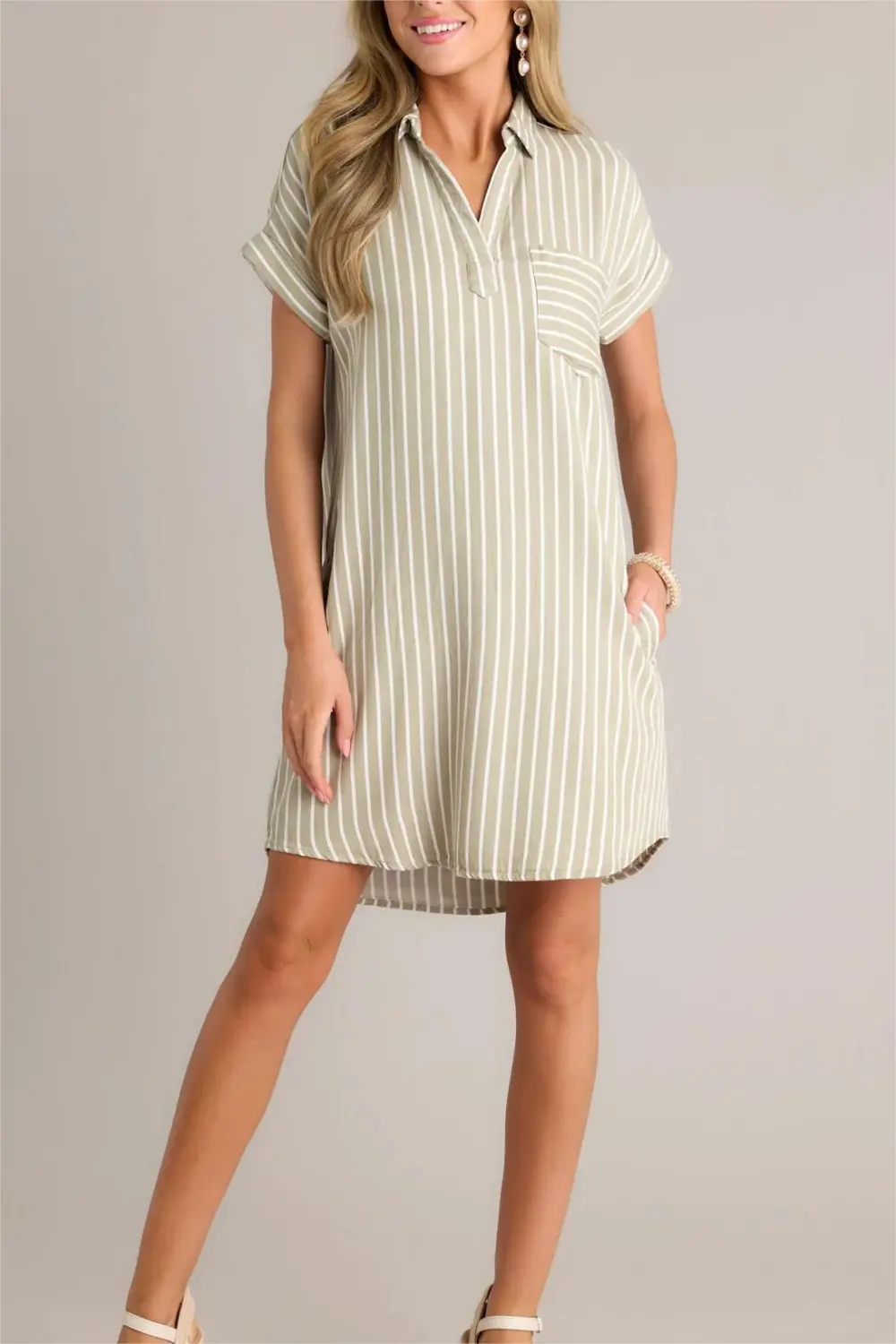 LINEAR ELEGANCE OLIVE GREEN STRIPE MINI SHIRT DRESS