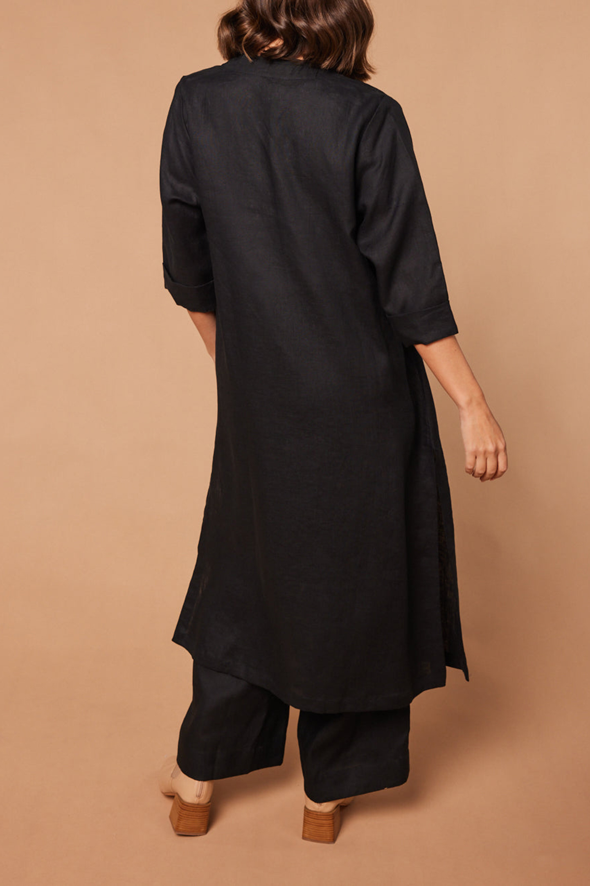 Long Line Fringed Linen Duster Jacket In Black