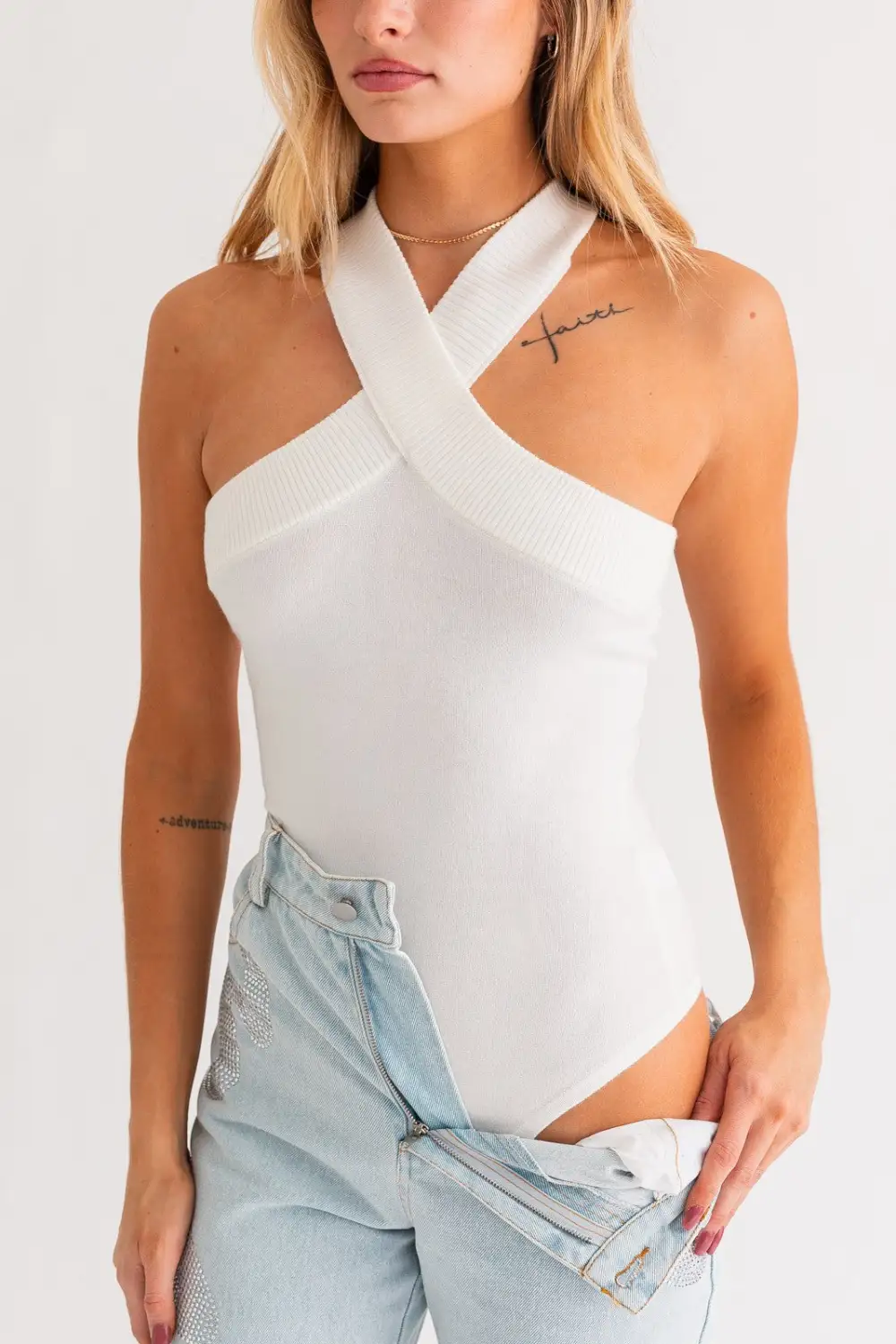 Criss Cross Halter Sweater Bodysuit