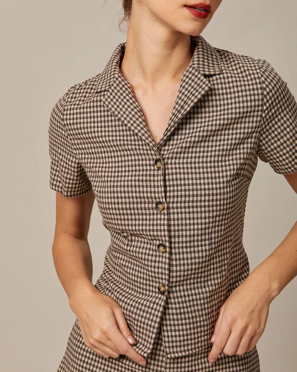 The Brown Lapel Plaid Short Sleeve Blouse