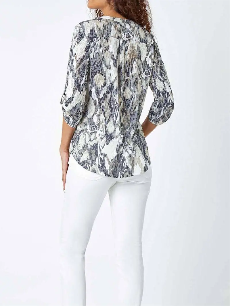 Grey Textured Animal Print V-Neck Stretch Shirt