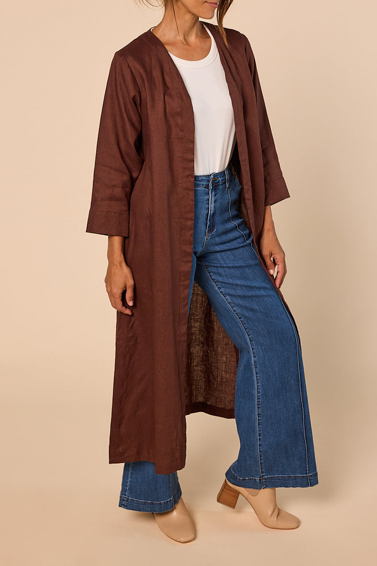 Long Line Linen Duster Jacket In Raisin