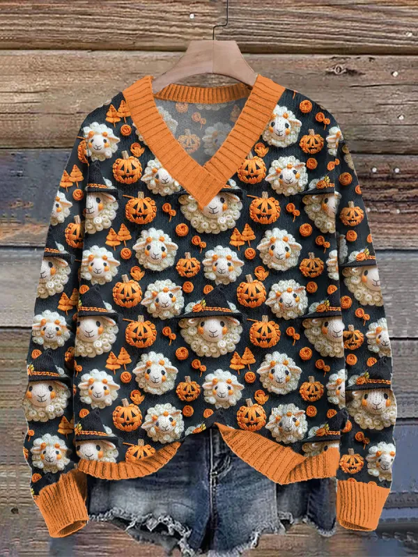 Halloween Sheeps and Pumpkins Pattern Knit Sweater