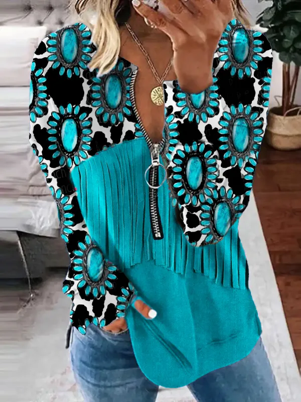 Western Turquoise Fringed Leather Print Art Zip Up Sweatshirt