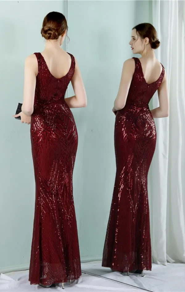 Women Summer Burgunry Formal V-neck Sleeveless Patchwork Sequined Mermaid Evening Dress