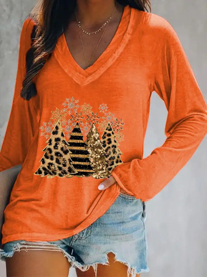 Women's Leopard   Tree Print V-Neck Long Sleeve T-Shirt