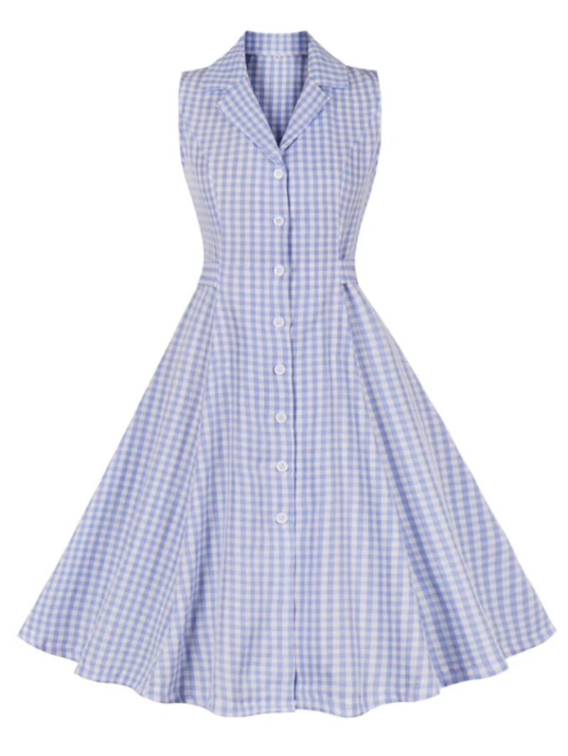 LIGHT BLUE 1940S PLAID LAPEL SLEEVELESS DRESS