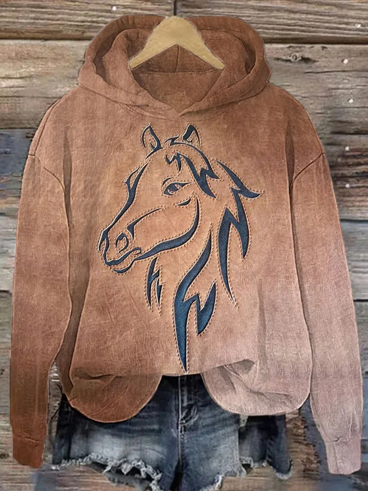 Vintage Western Horse Print Casual Cozy Hoodie