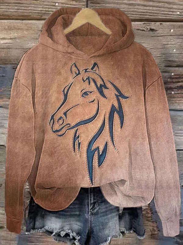 Vintage Western Horse Print Casual Cozy Hoodie