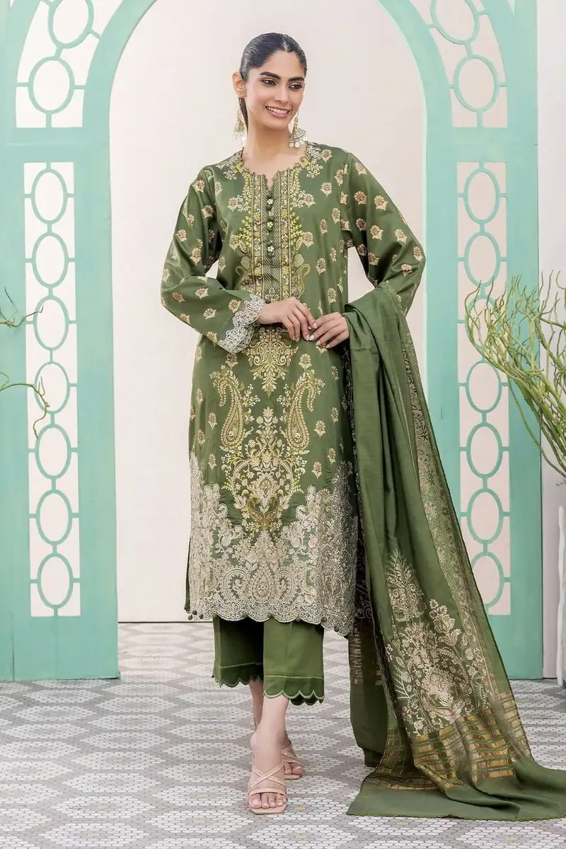 3 Piece Kurta Embroidered | Dupatta& Bottom & Tops | Color green