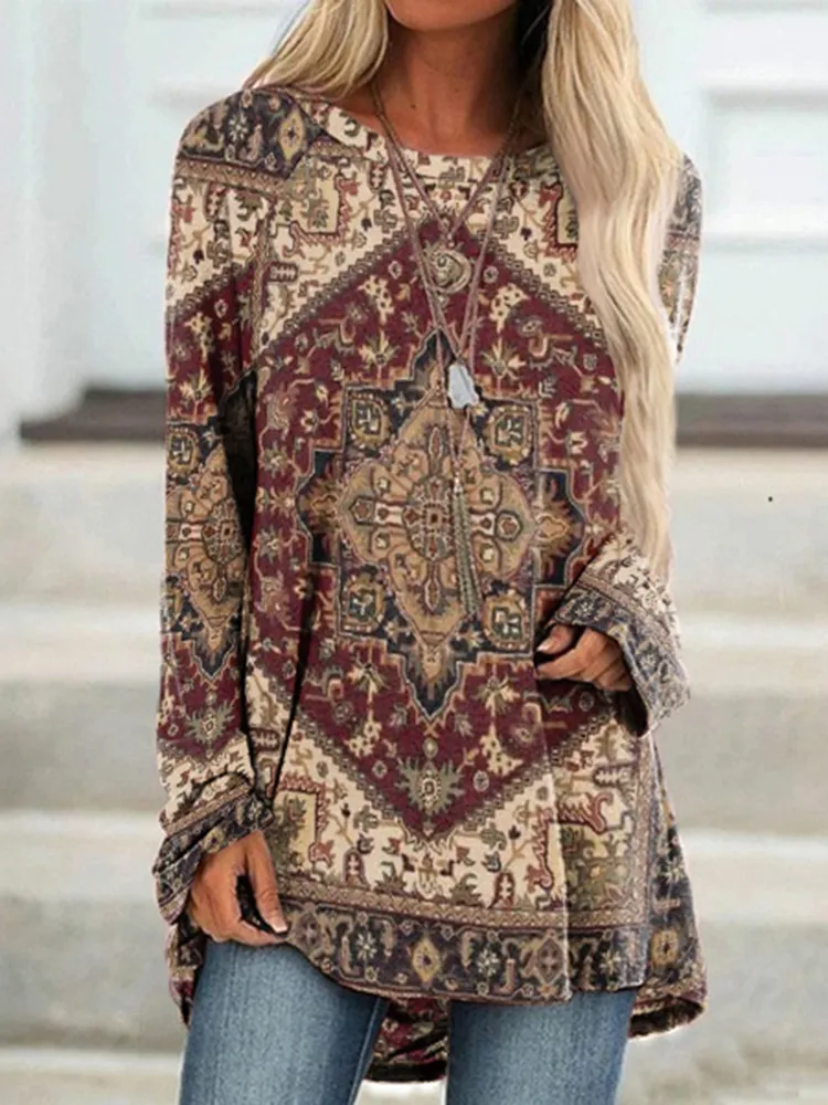 Ethnic Tribal Printed Round Neck Long Sleeve T-Shirt