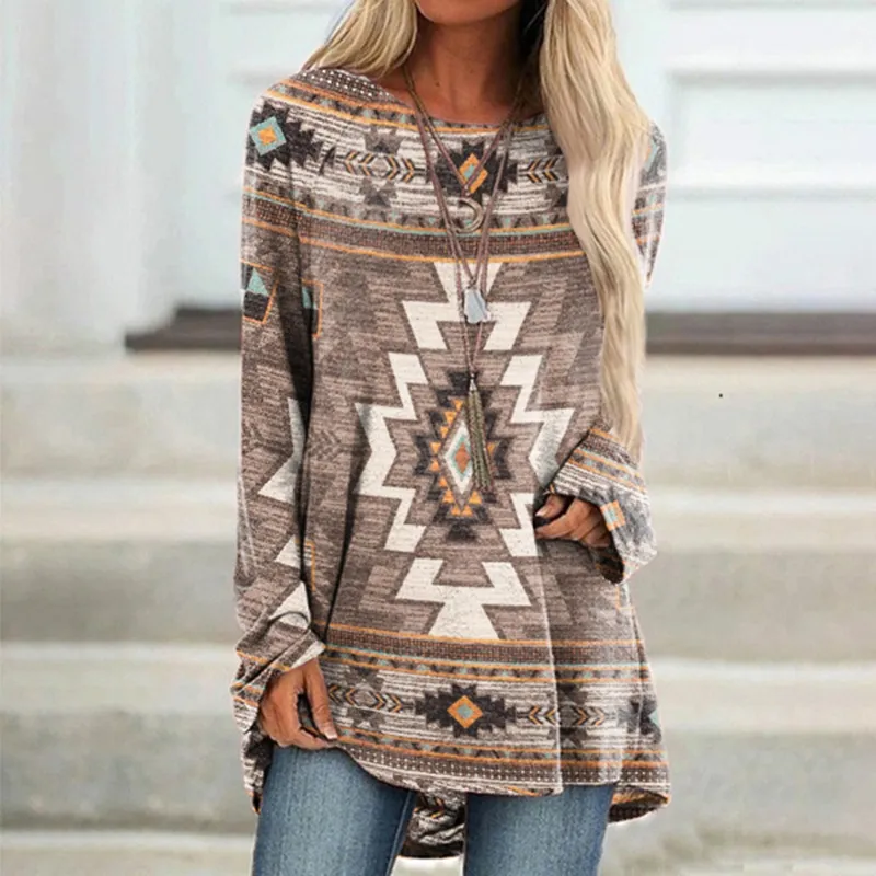 Western Print Crew Neck Long Sleeve Casual Tunic