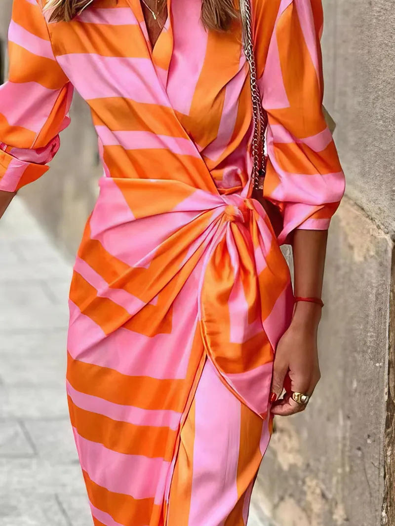 Women's Striped Print Belted Long Sleeve Dress