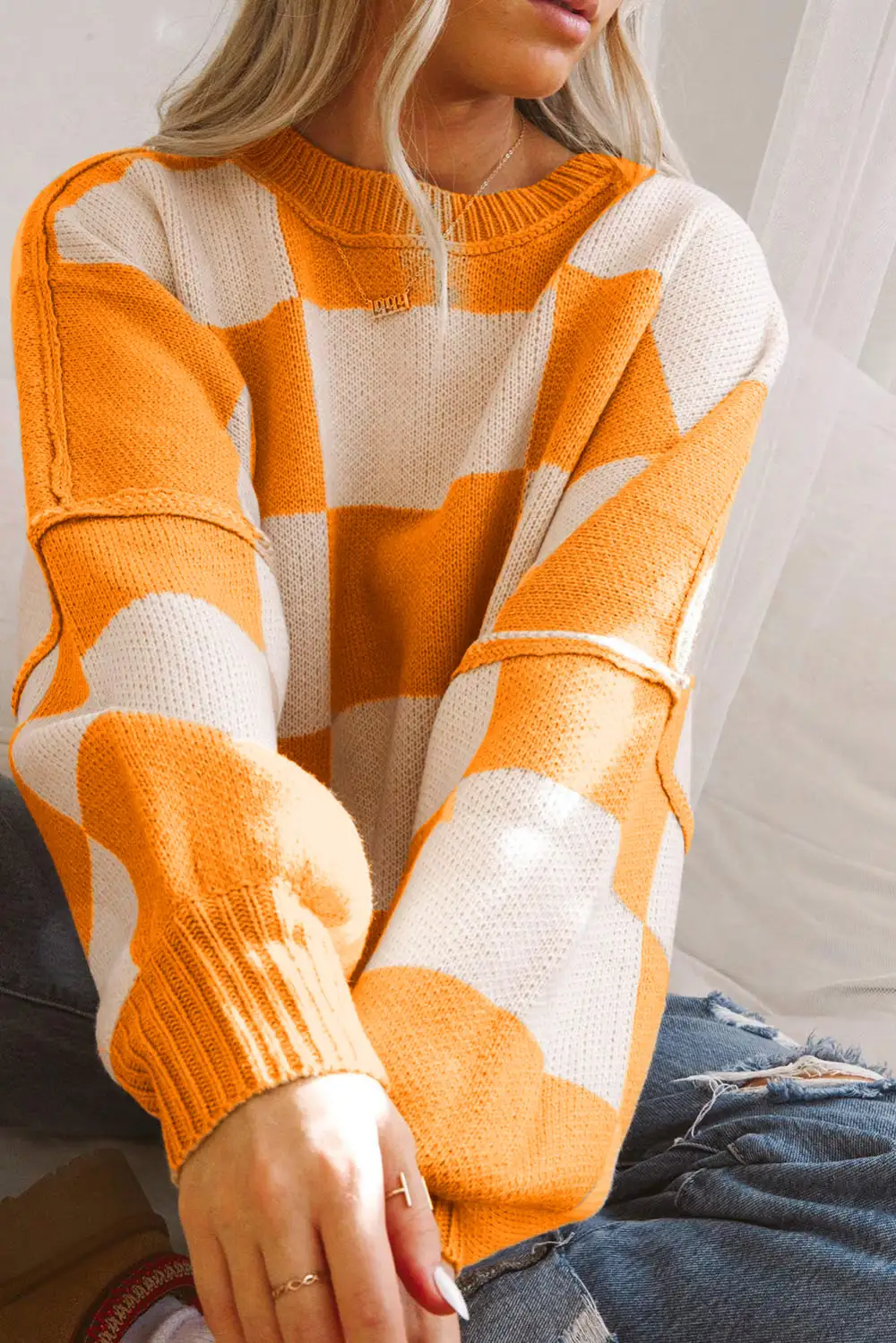 Checkered Bishop Sleeve Sweater