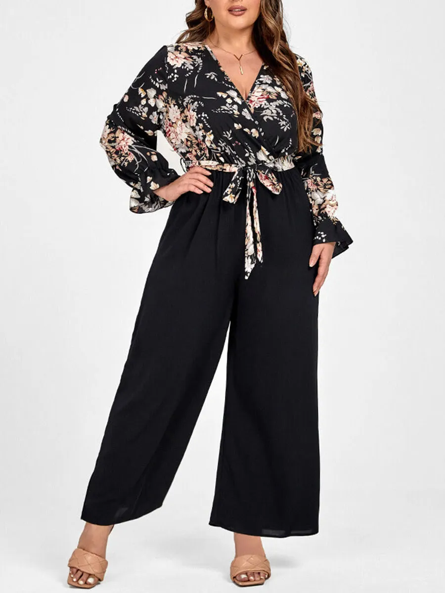 Plus Floral Patchwork Wrap Belted Pocket Jumpsuit