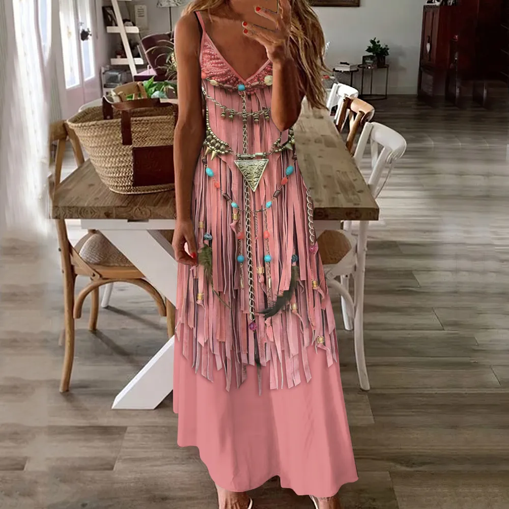 Western Tassel Printed V-Neck Suspender Maxi Dress