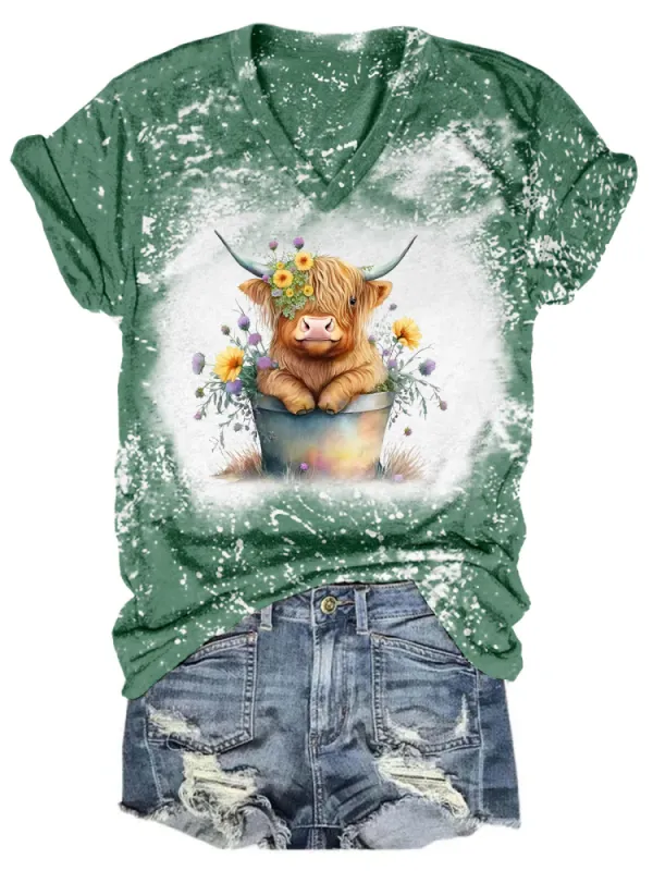 Baby Highland Cow Tie Dye V Neck T-Shirt