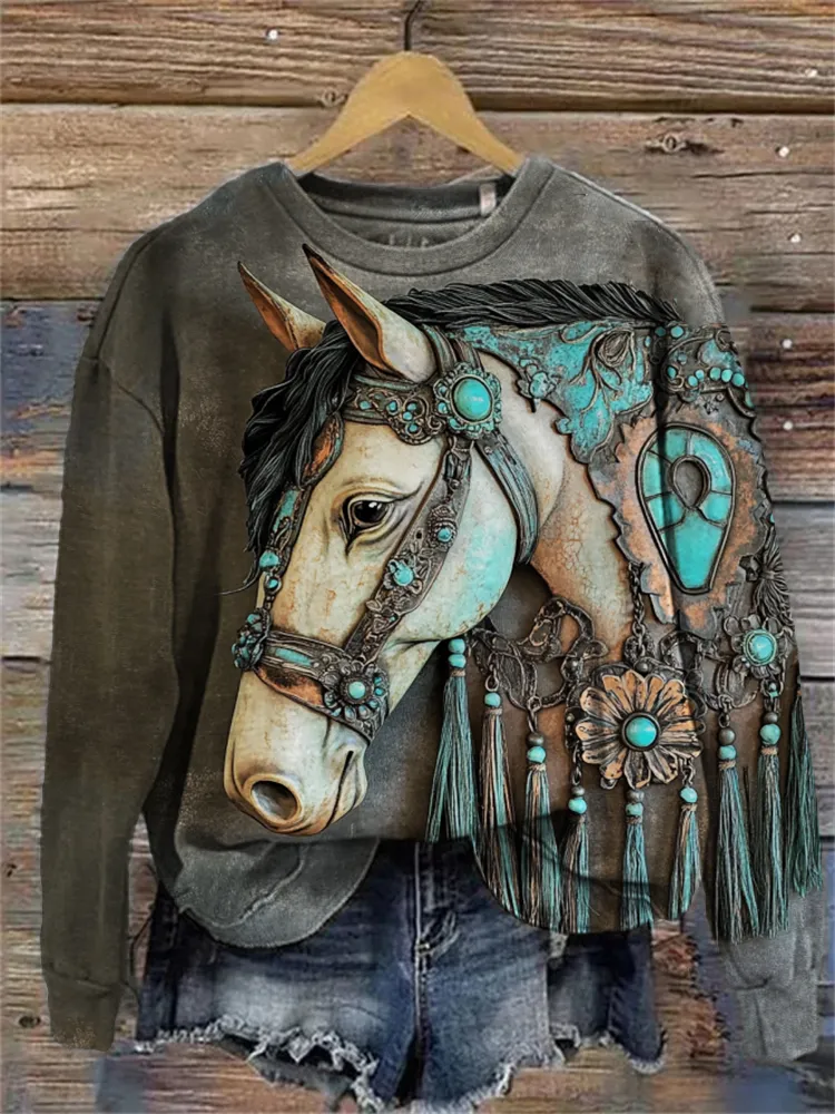 Elegant Turquoise Tassels Horse Art Sweatshirt