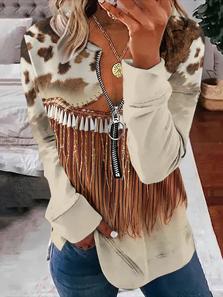 Western Tribal Tassels Leopard Printed Zip Up Sweatshirt