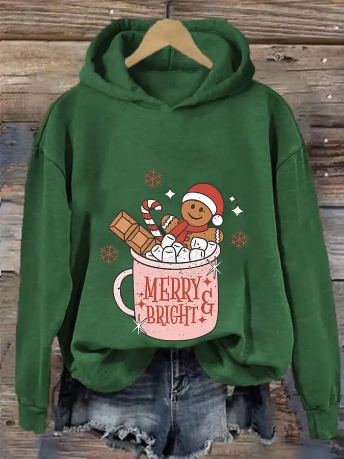 Women's Gingerbread Christmas Merry And Bright Print Casual Hooded