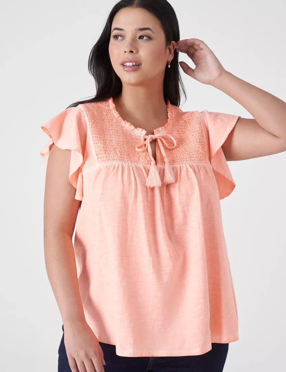 Swing Ruffle-Neck Smocked-Yoke Tee