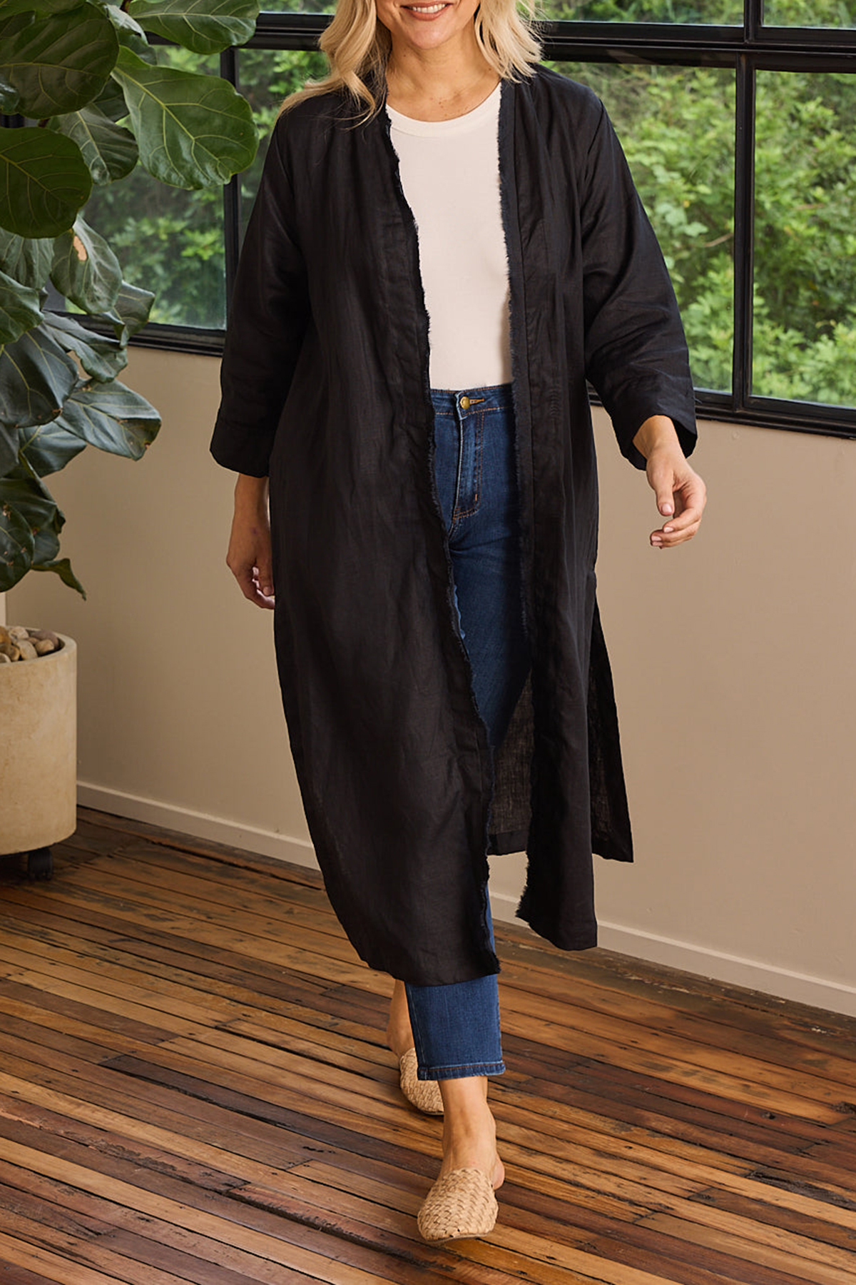 Long Line Fringed Linen Duster Jacket In Black