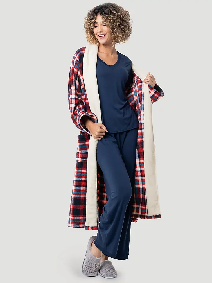 PLAID FLANNEL SHERPA LINED ROBE IN RED