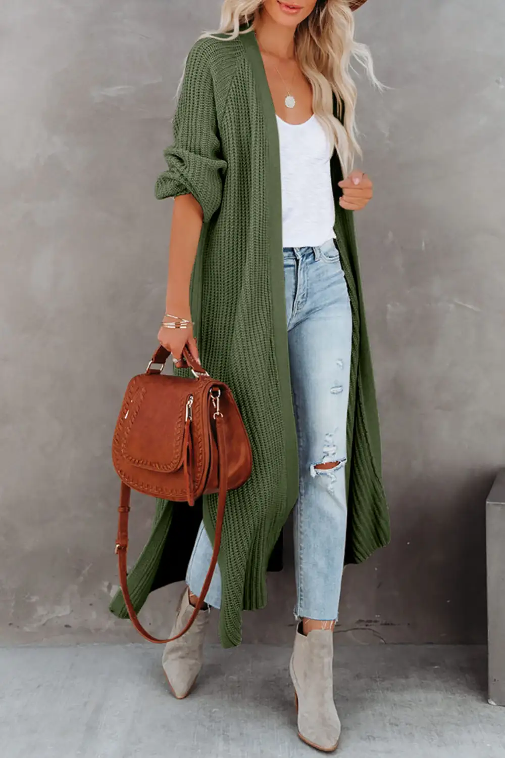 Open Front Side Slit Duster Knit Cardigan