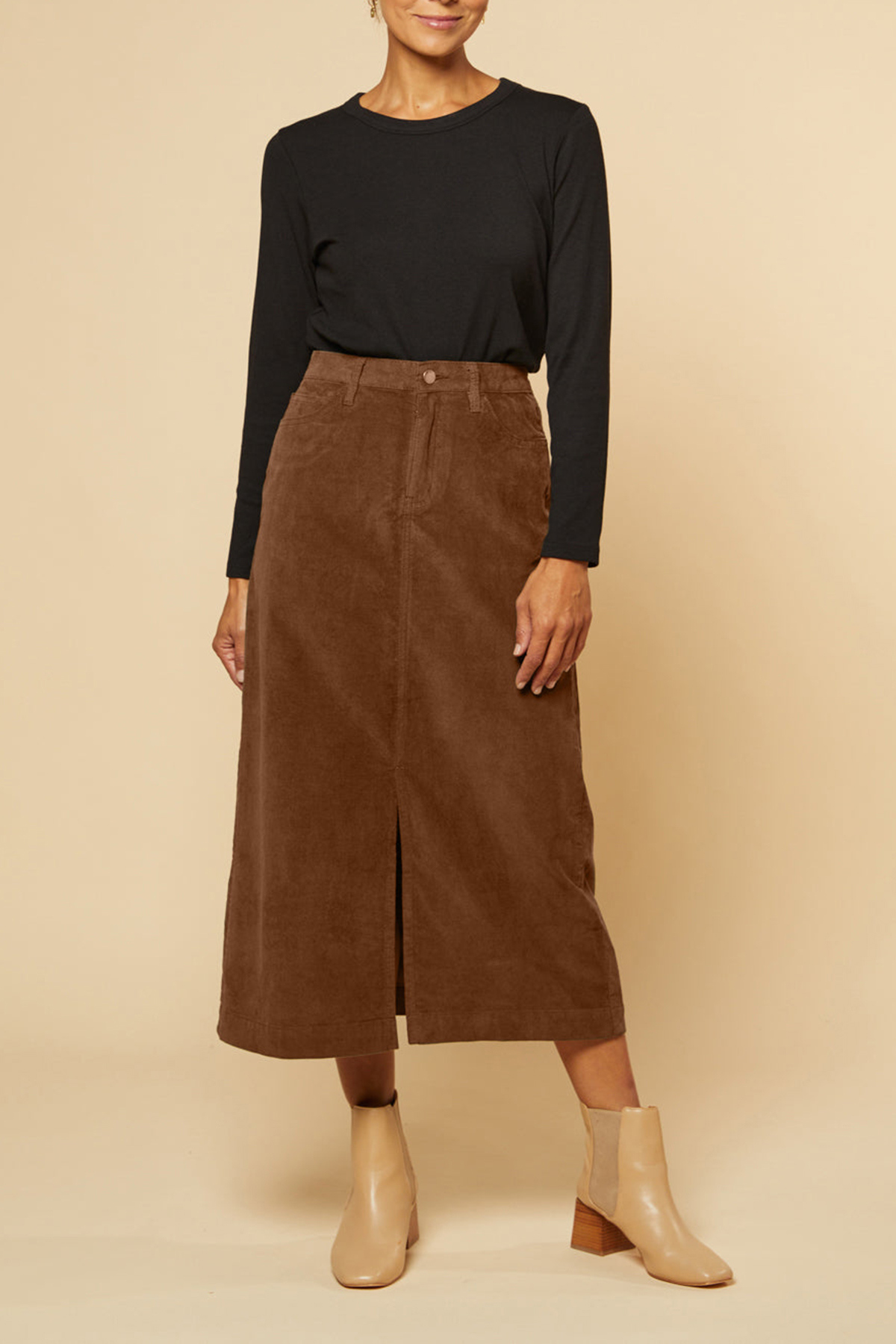 Adrift Split Brushed Cotton Skirt in Chocolate