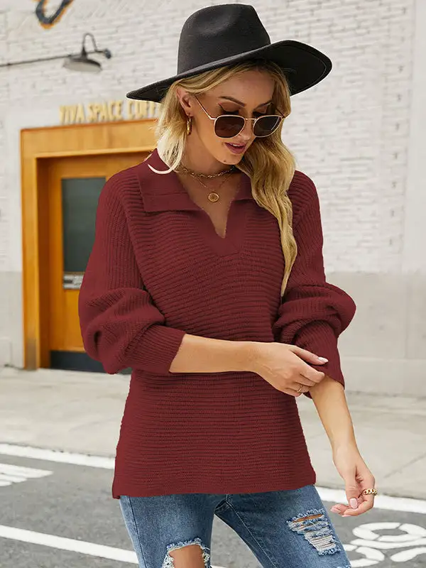 Long Sleeves Solid Color Lapel V-Neck Sweater Tops