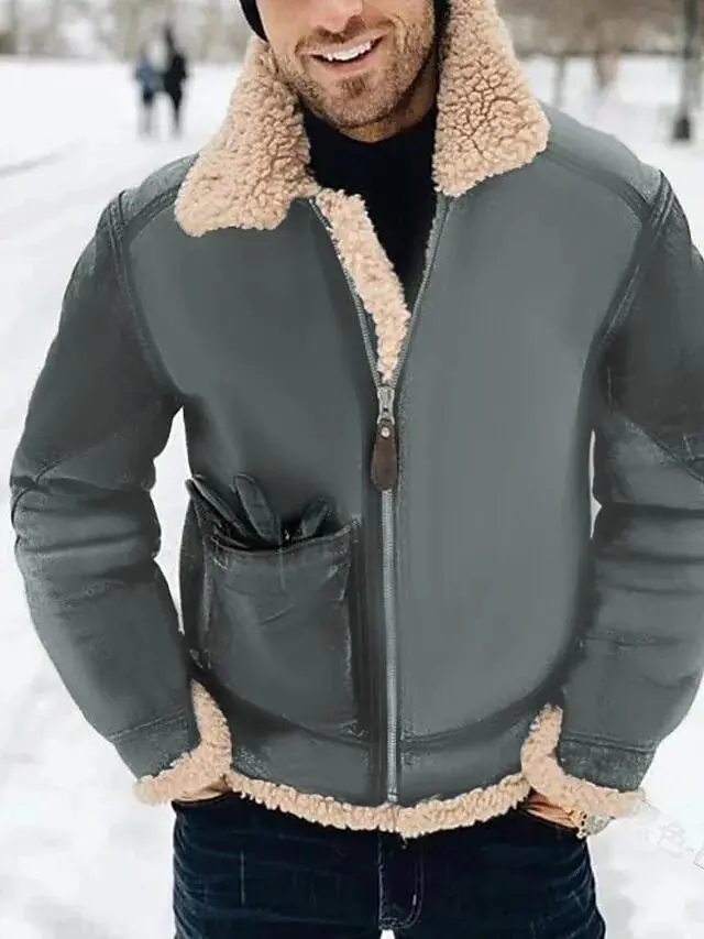 Men's Winter Jacket Sherpa Outdoor Daily Wear Warm Zipper Pocket Fall Winter Plain Fashion Streetwear Lapel Regular Dark Gray Black Red & White Khaki sepia Jacket