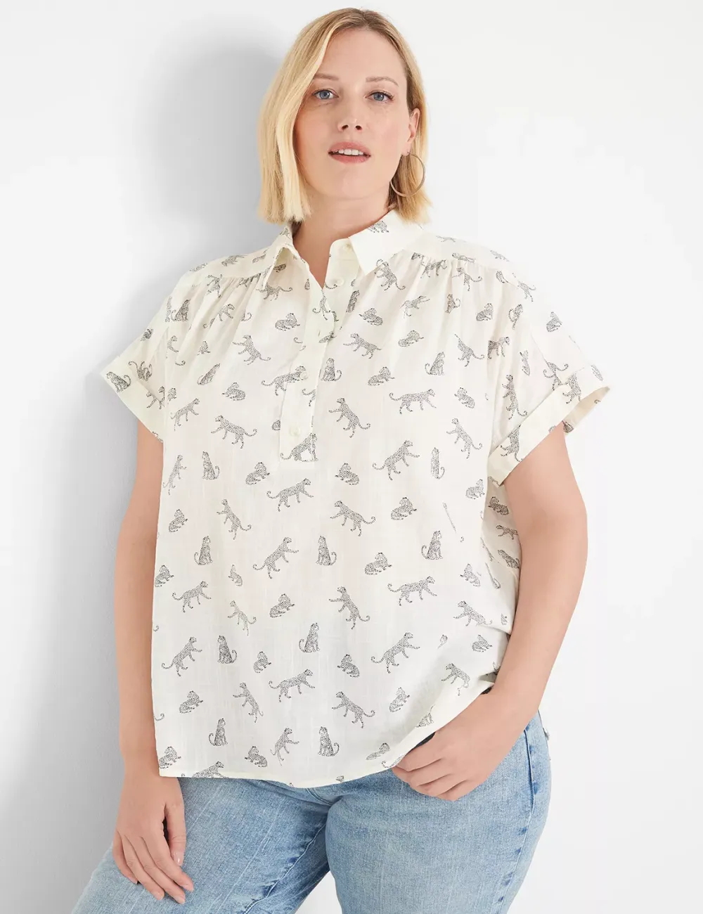 Short-Sleeve Collared Popover Blouse