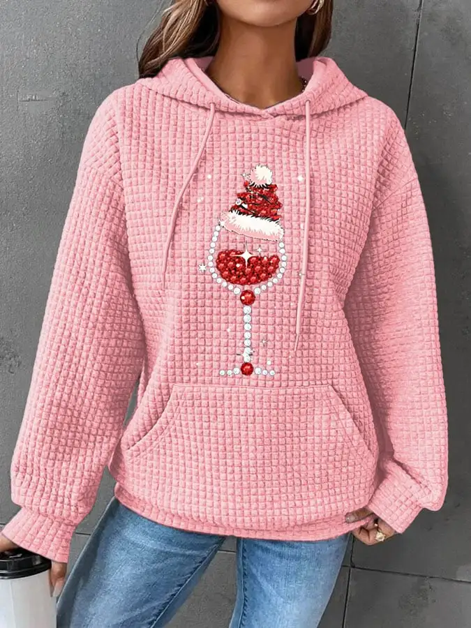 Women's Shiny Christmas Hat Red Wine Glass Casual Waffle Hoodie