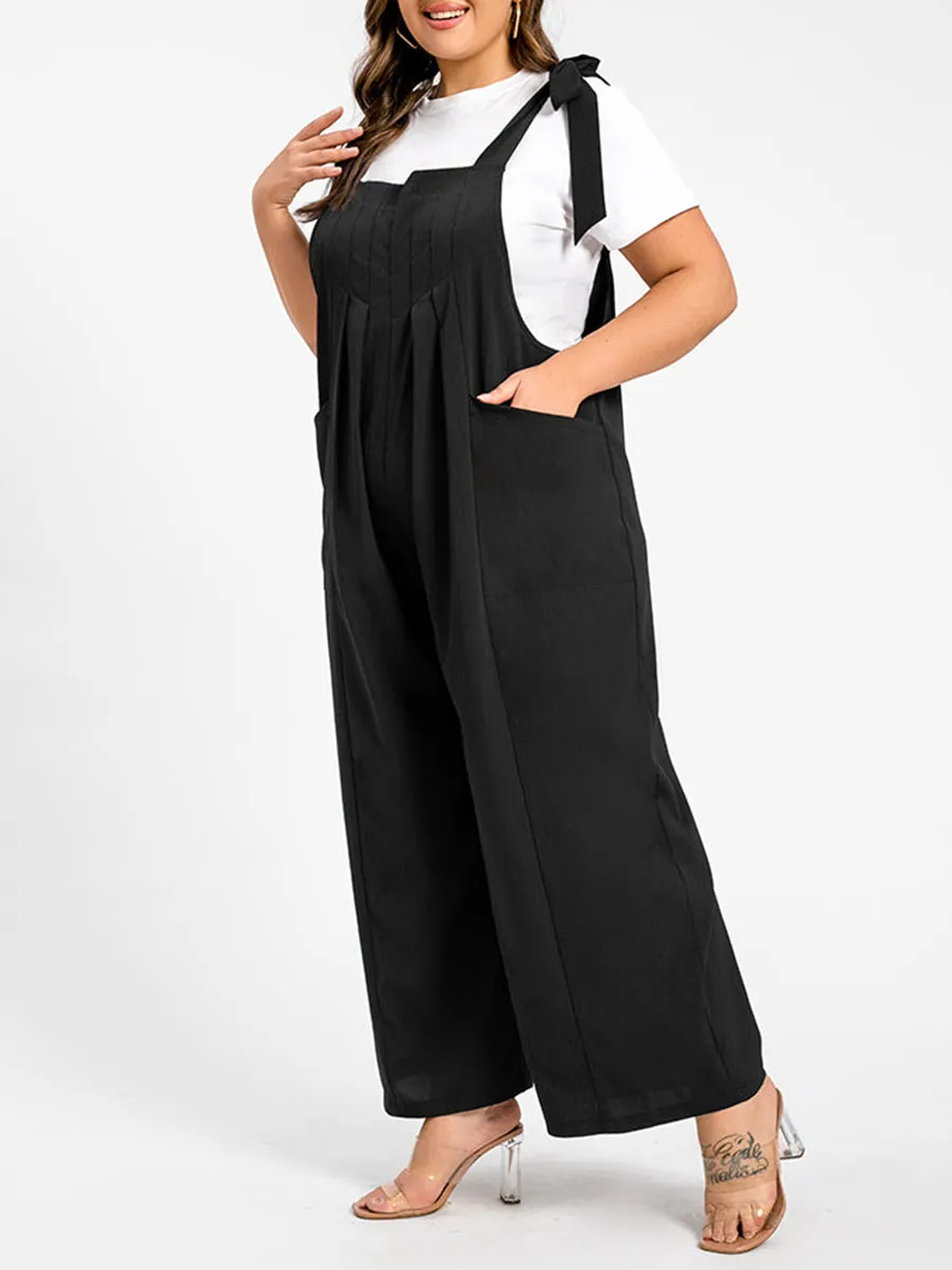 Plus Black Tie Shoulder Pocket Ruched Cami Jumpsuit