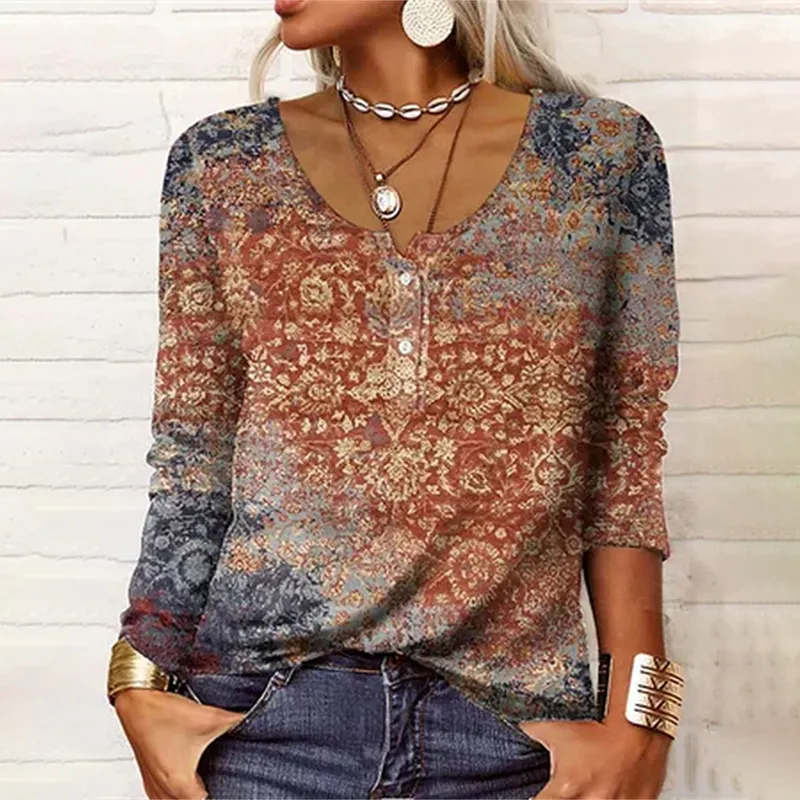 Vintage Print Long Sleeve Casual T-Shirt