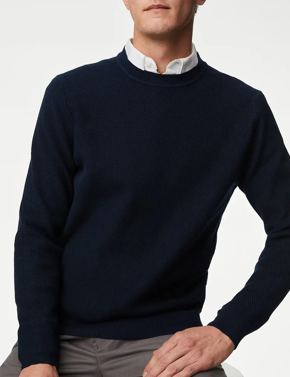 Cotton Blend Textured Crew Neck Jumper