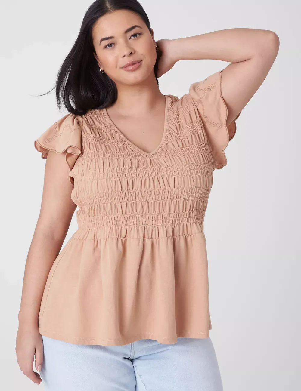 Flutter-Sleeve Smocked Peplum Top