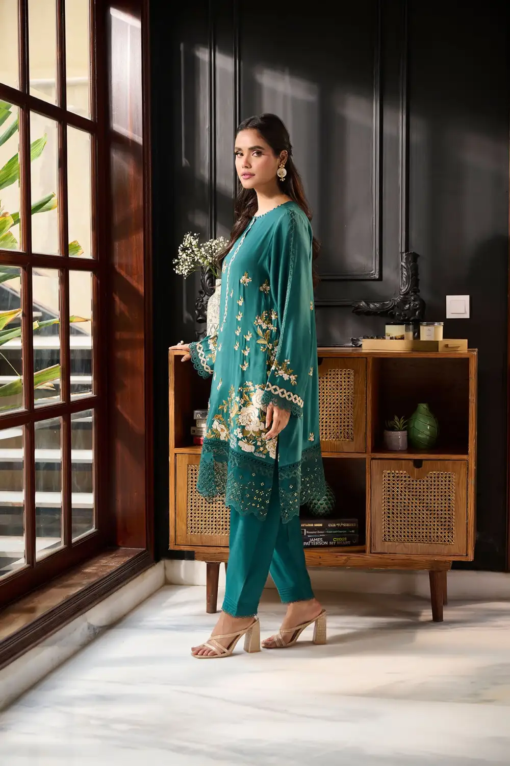 DARK GREEN 3PCS  EMBROIDERED KURTA WITH TROUSER