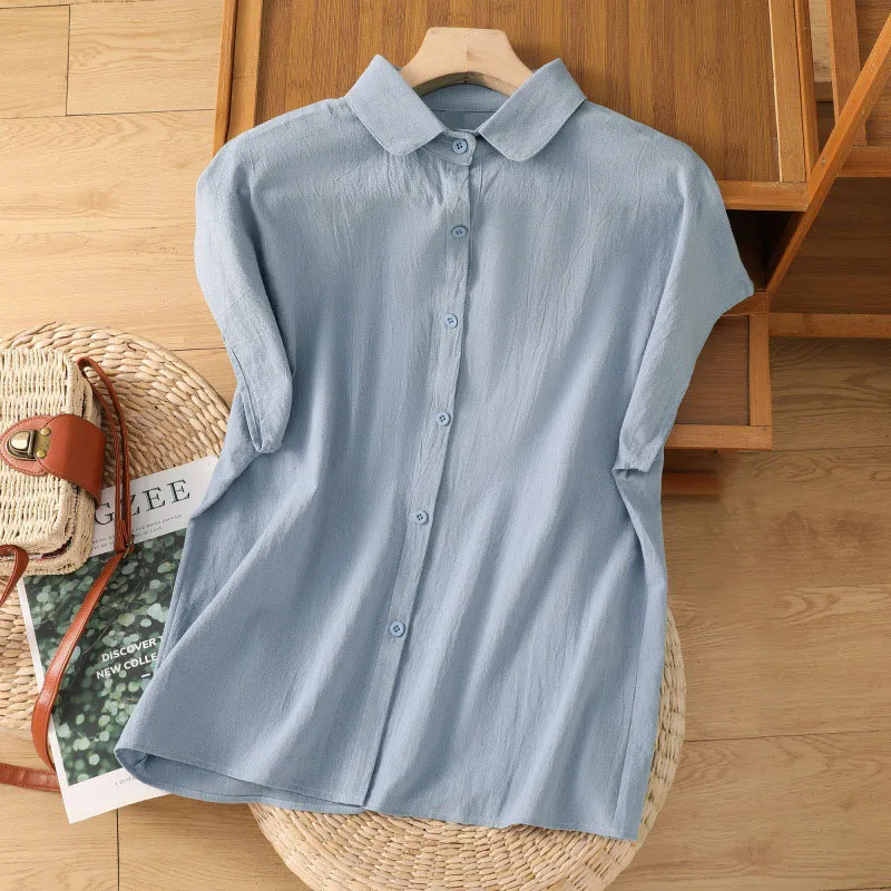 5-color doll collar cotton and linen sleeved shirt