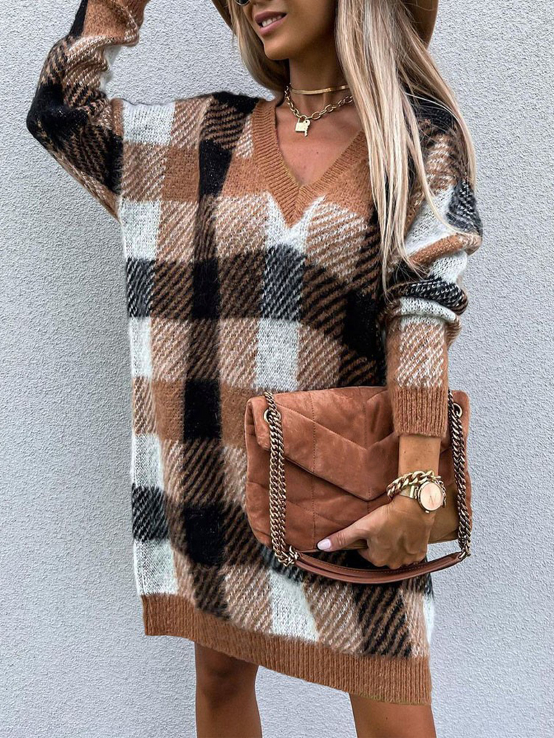 Casual loose contrast plaid dress