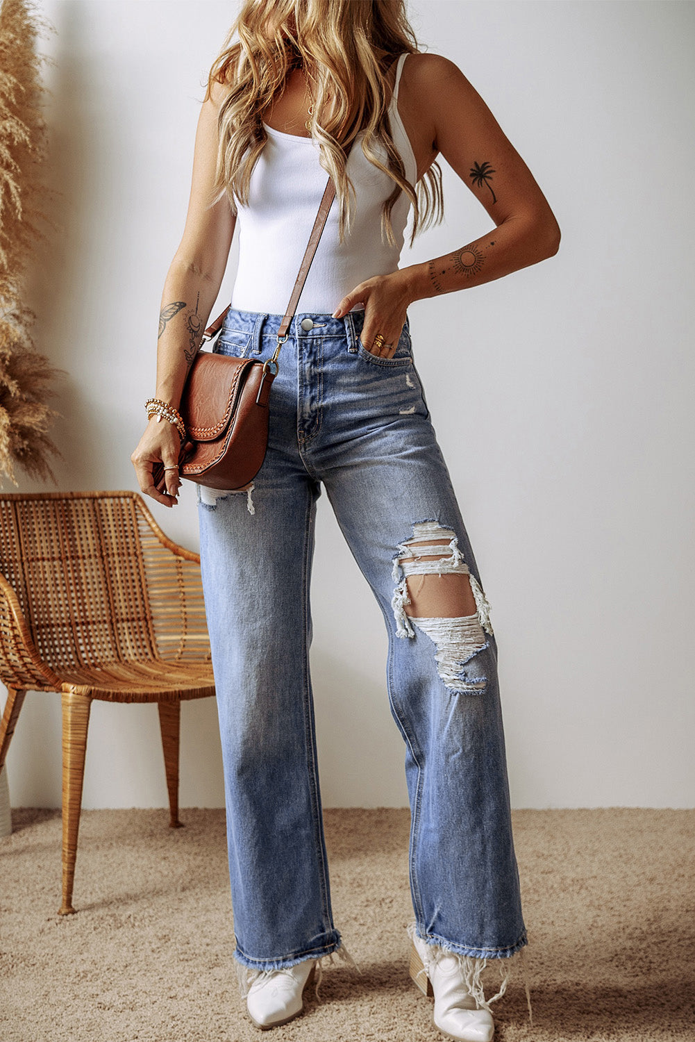 Blue Distressed Raw Hem Straight Leg High Waist Jeans