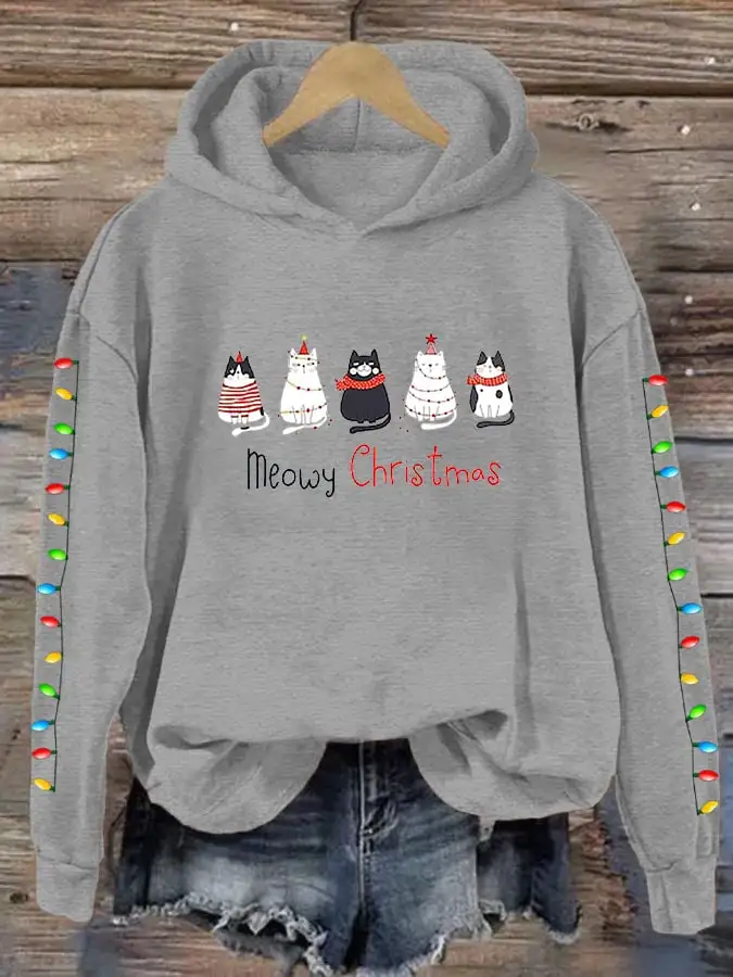 Women's Meowy Christmas Merry Christmas Cat Lover Lantern Printing Casual Hoodie