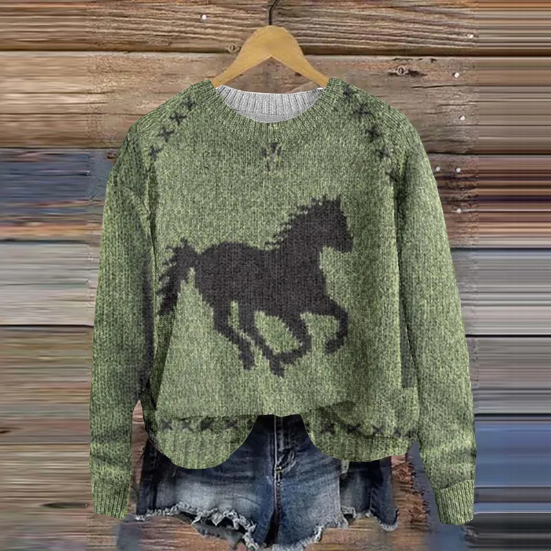 Retro Southwestern Horse Pattern Knitted Women's Sweater