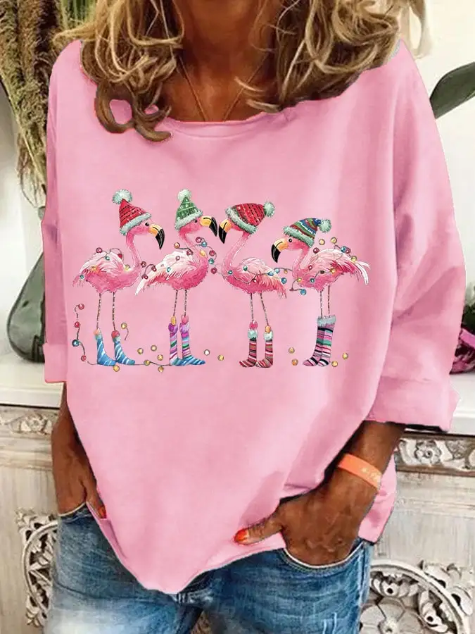 Women's Christmas Flamingo Holiday Print Casual Sweatshirt