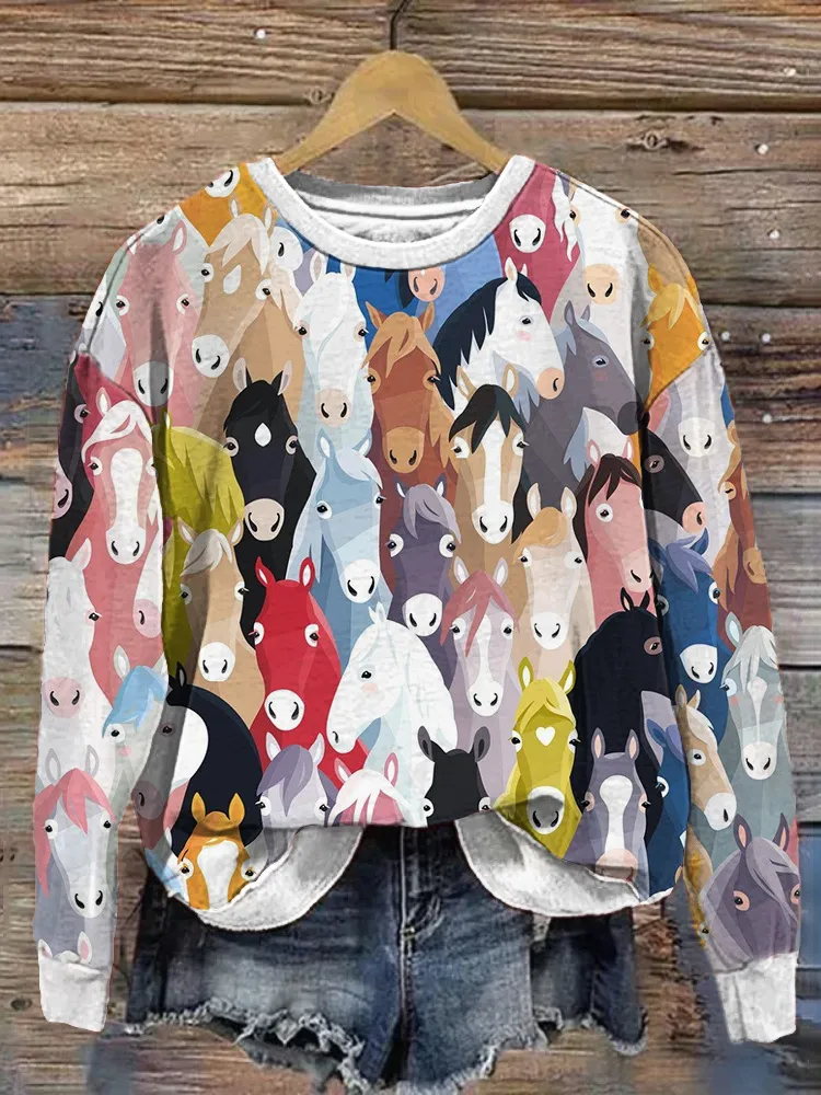 Colorful Horses Print Casual Cozy Sweatshirt