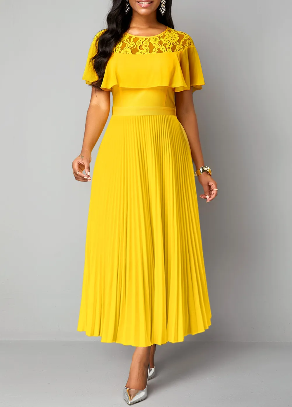 Round Neck Lace Yellow Short Sleeve Maxi Dress