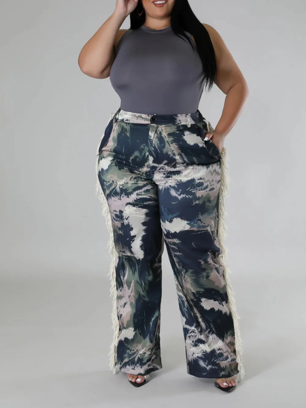 Plus-Size Fashion Women'S Camouflage Pattern Fringe Pants