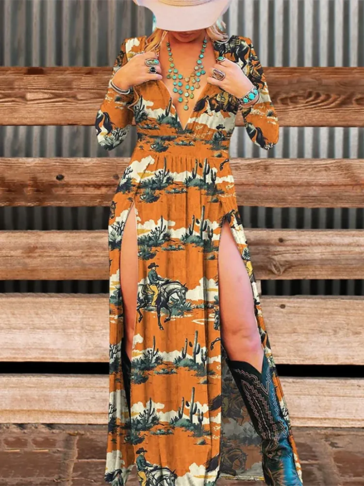 Women'S Retro Western Art Cowboy Print Slit Deep V Neck Dress