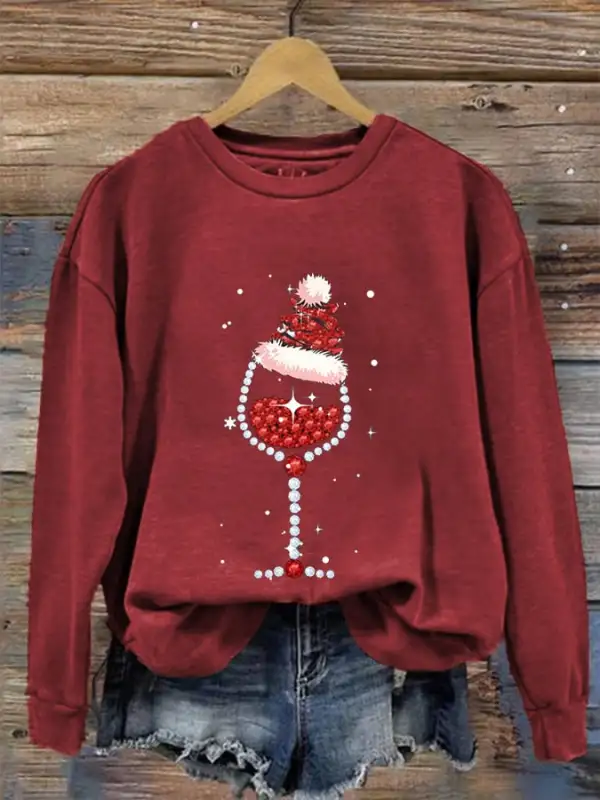 Women's Shiny Christmas Hat Red Wine Glass Casual Sweatshirt